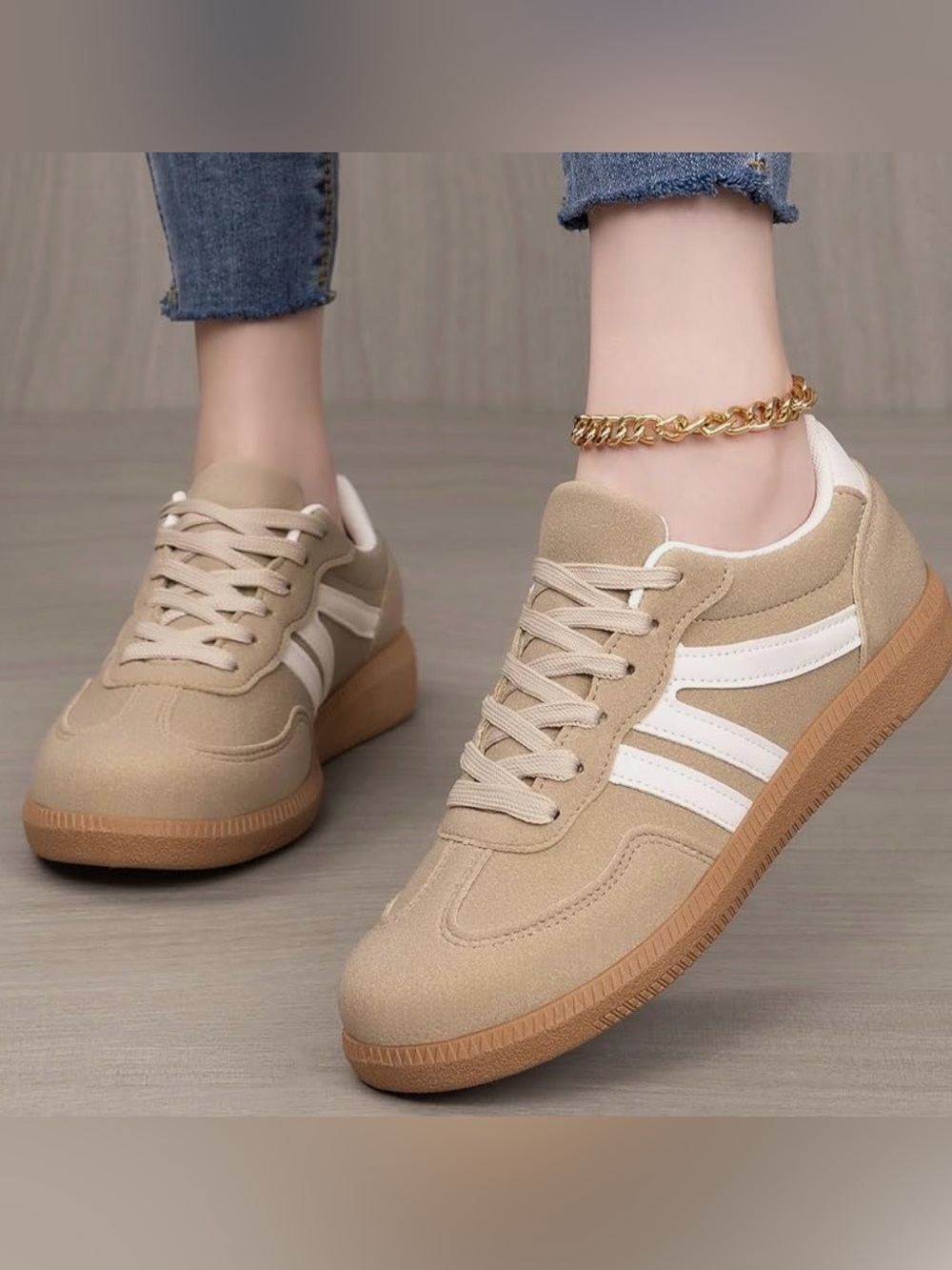 New packed Women’s Beige Suede-Style Fashion Sneaker / size is 7.5